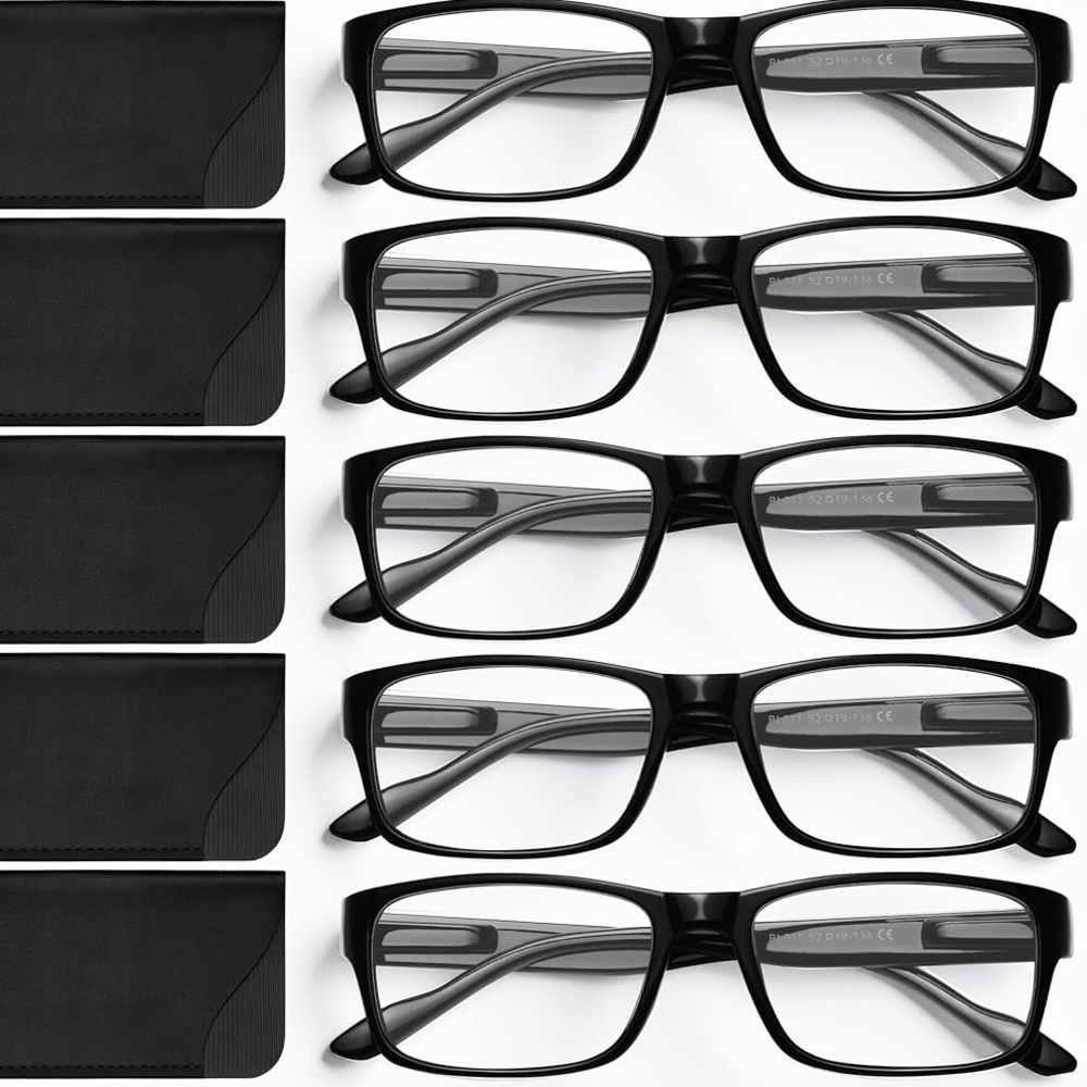 GAOYE Set of 5 Blue Light Rectangular Reading Glasses with Slim Arms +1.25